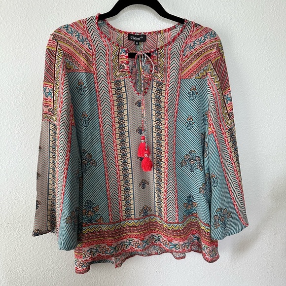 Tolani Boho Multicolor Tie-Neck Peasant Blouse Size Medium - Picture 3 of 6